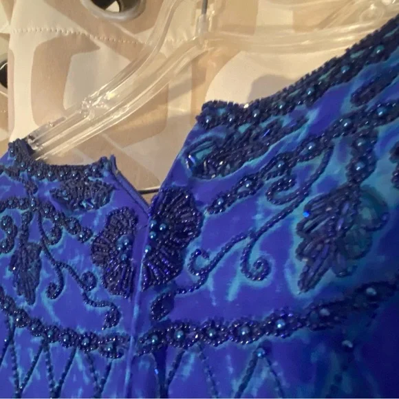 Vintage Laurence Kazer New York Y2K 100% Silk Elegant Blue Beaded Dress Size 3X - Picture 10 of 15